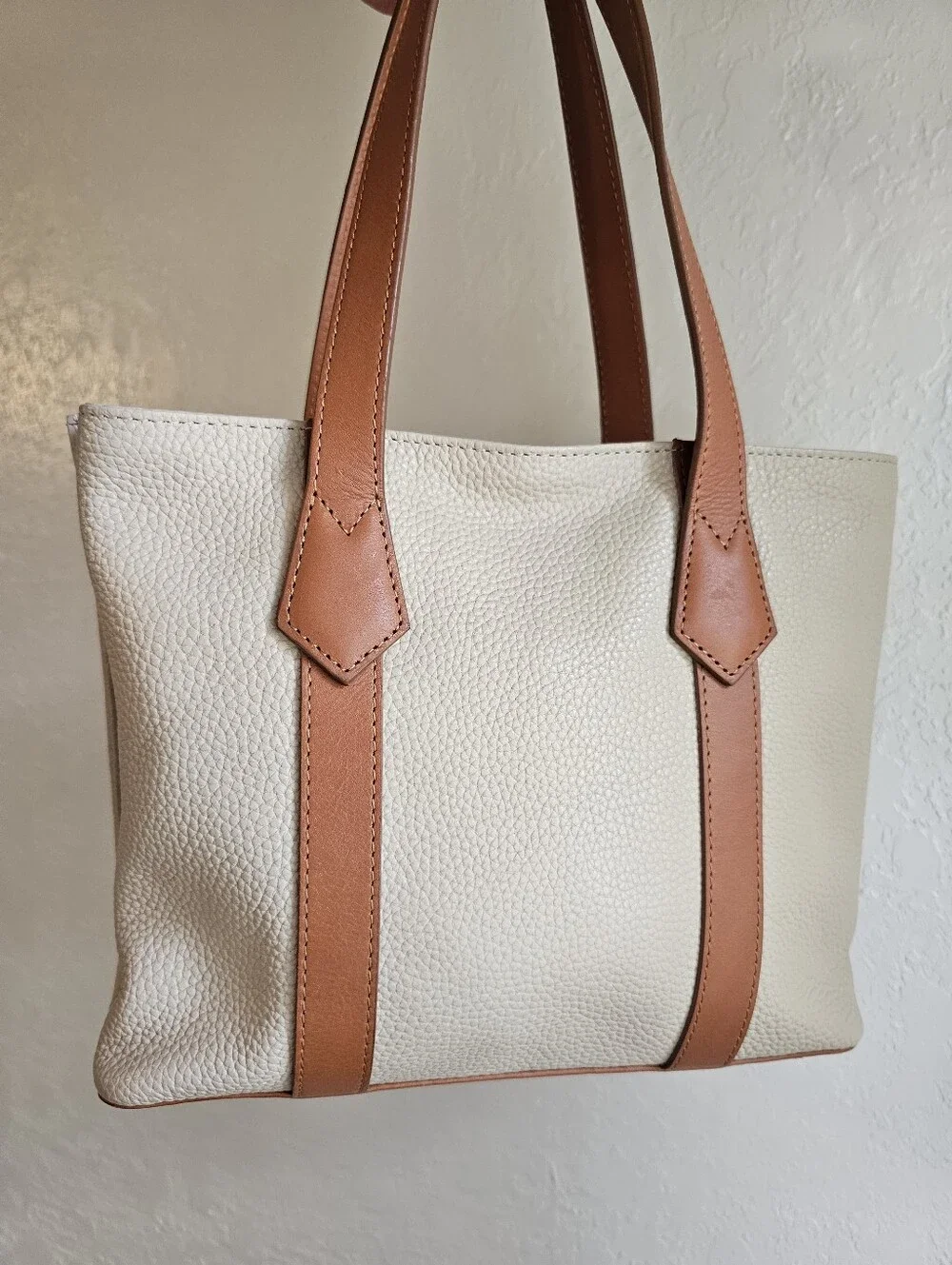 VALENTINA Italy Cream Pebbled Leather Tote Bag with Tan Straps